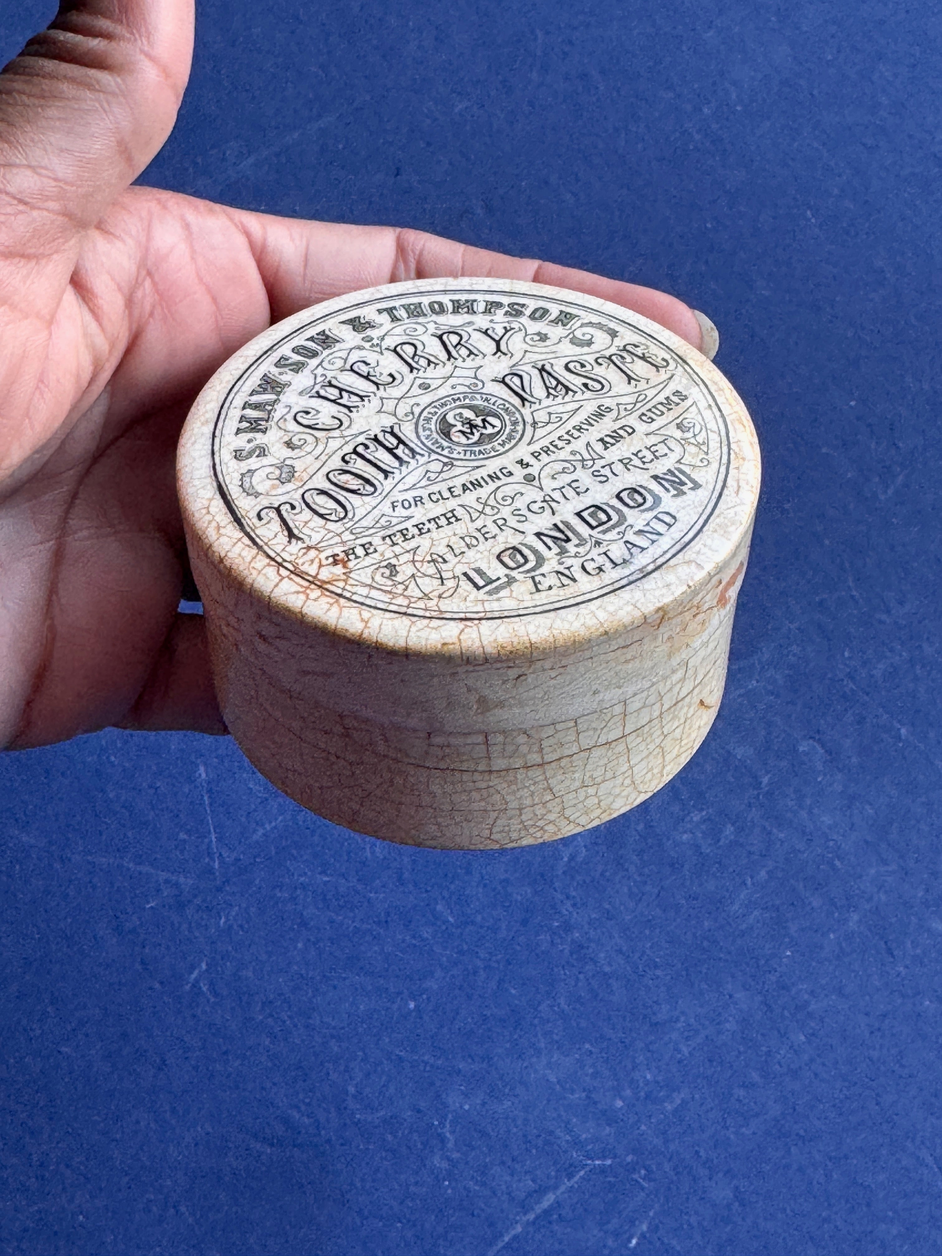 Antique Victorian Cherry Tooth Paste Ceramic Pot Lid & Base S Maw Son Thompson London