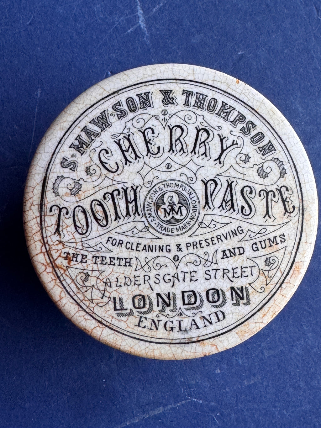 Antique Victorian Cherry Tooth Paste Ceramic Pot Lid & Base S Maw Son Thompson London