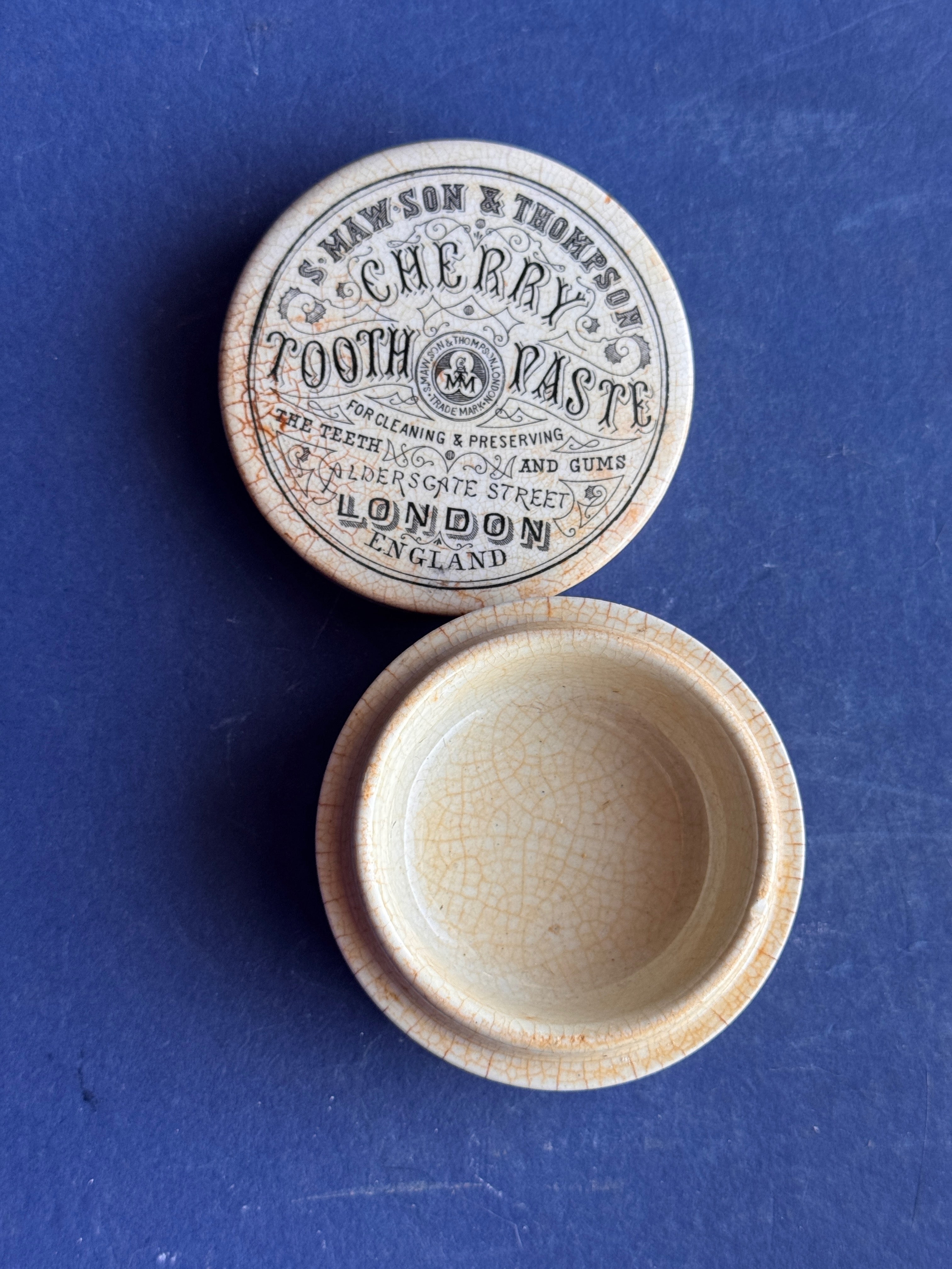 Antique Victorian Cherry Tooth Paste Ceramic Pot Lid & Base S Maw Son Thompson London